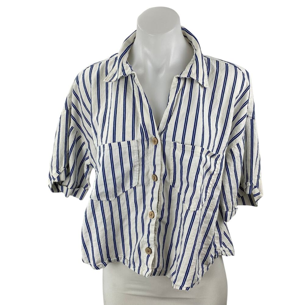 Zara Women's White Blue Striped Short Sleeve Button Down Cropped Shirt Top XL